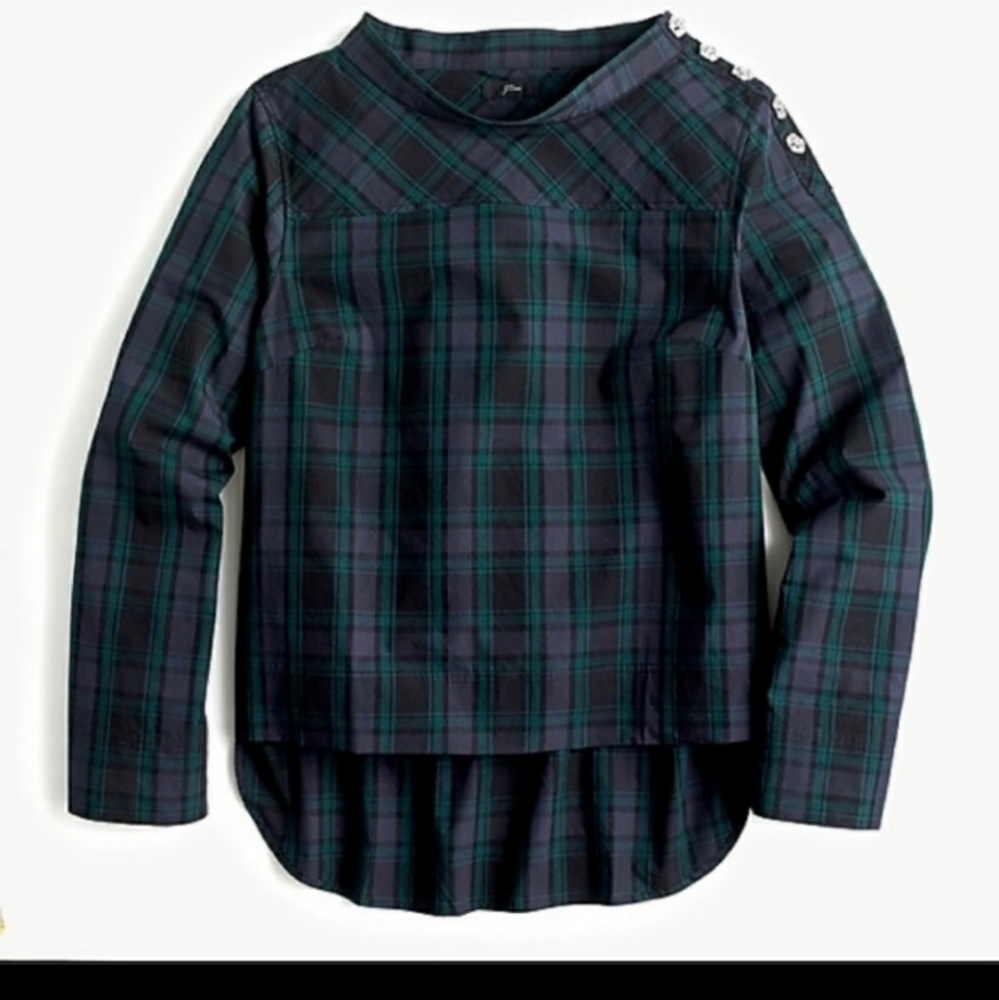 Women's Blue Funnelneck Shirt In Black Watch Tartan With Jeweled Buttons